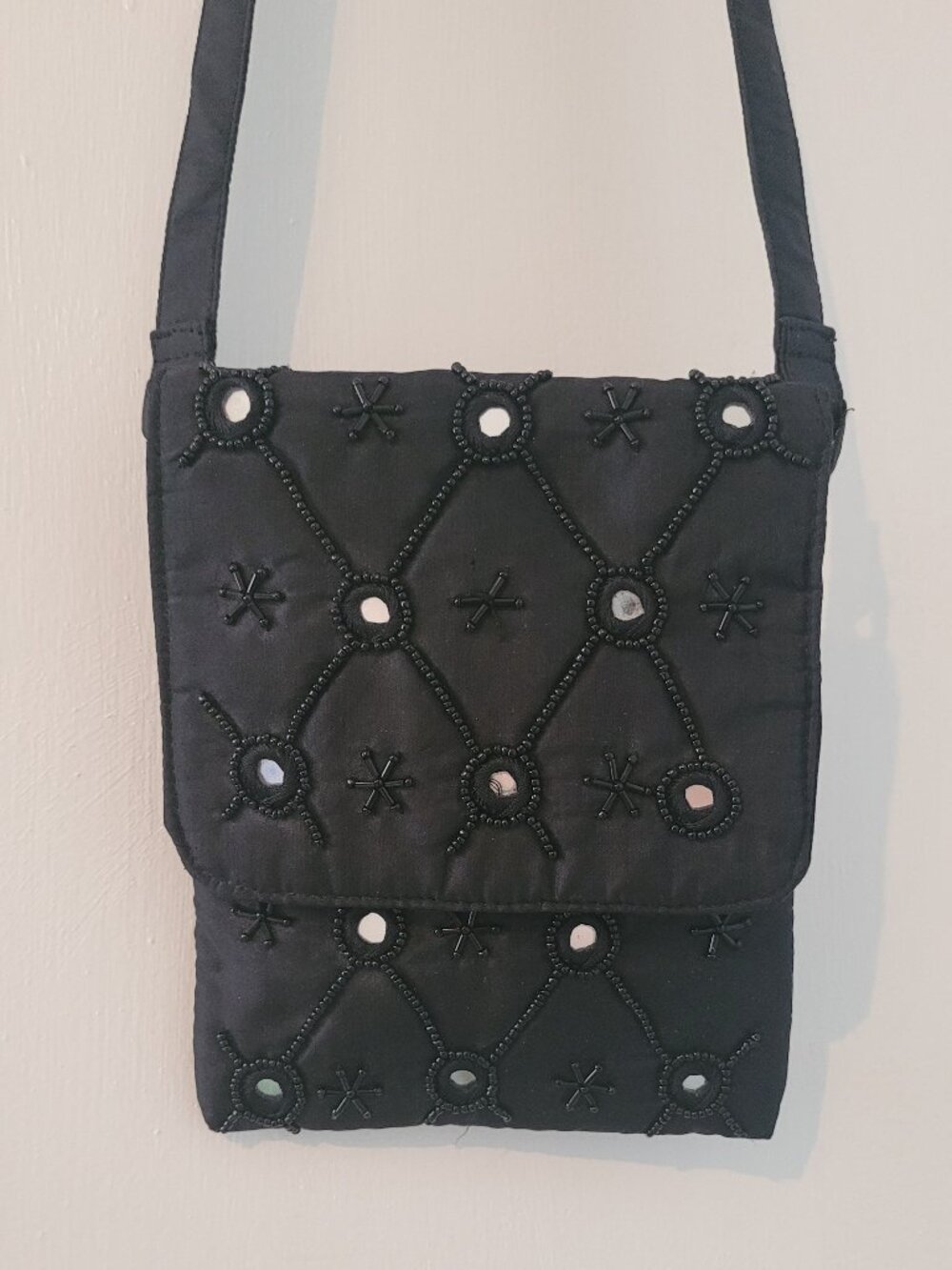 Black 100% Silk Beaded Mirror Work Crossbody Bag | Made in India | Boho Festival
